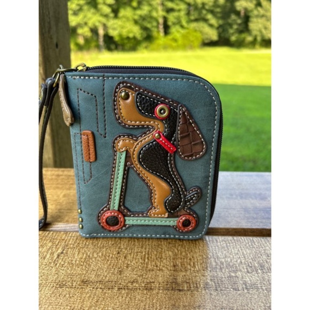 Chala Scooter Dog Wallet Women Small Teal Blue Excellent Vegan Leather Wristlet